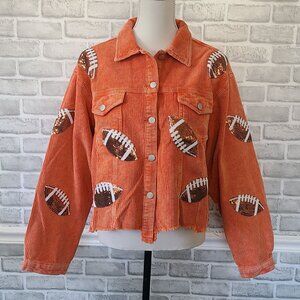 Orange Cropped Corduroy Jacket Football Sequin Raw Hem School Collegiate NEW Lg